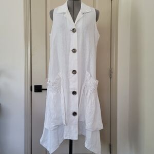 Athena Marie White Linen Sleeveless Lagenlook Dress Handkerchief Hem Size Small